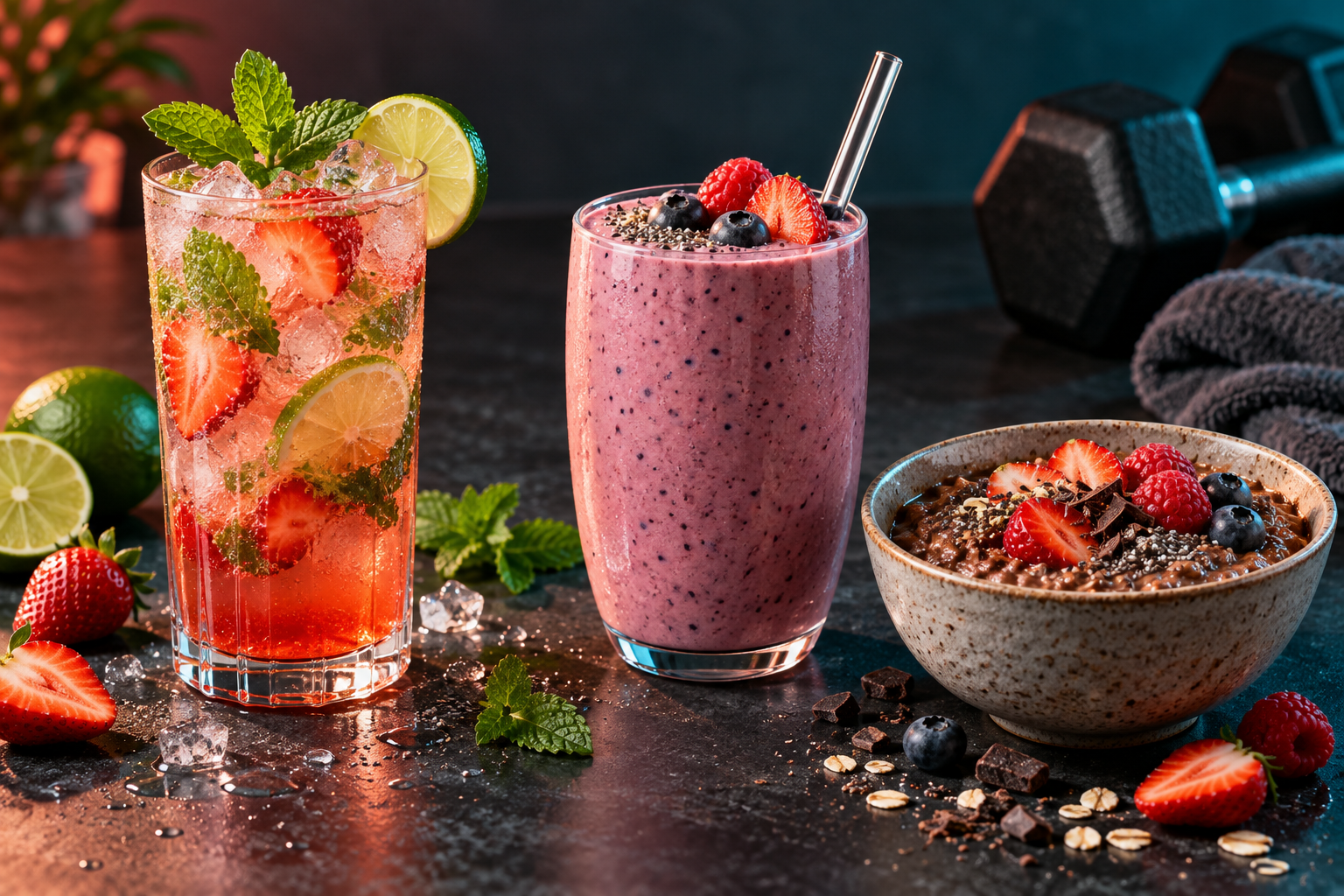 Strawberry citrus mocktail, berry smoothie and chocolate overnight oats on a dark kitchen counter